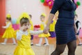 Kindergarten for children. Children`s holiday.A small child is down at a children`s