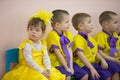 Kindergarten for children. Children`s holiday.A small child is down at a children`s