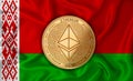 Belarus flag ethereum gold coin on flag background. The concept of blockchain bitcoin currency decentralization in the country