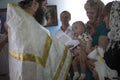 Orthodox baptism of a child. The priest reads a prayer to a child at the Royalty Free Stock Photo