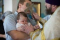 The Orthodox baptism. The priest sanctifies the baby