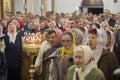 Celebration of Orthodox Easter.Crowd of people in church.Believers