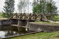 Belarus. The Grodno. Mir Castle is a museum and castle complex. Wooden bridge on the territory of the castle. May 22, 2017