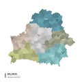 Belarus higt detailed map with subdivisions. Administrative map of Belarus with districts and cities name, colored by states and