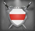 Belarus. Historical White-Red-White Flag. Shield with National Flag. Two Crossed Swords. Medieval Background Royalty Free Stock Photo