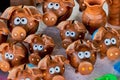 Belarus, Minsk, August 2019. A small street shop selling Souvenirs. Sale of handmade clay piglets