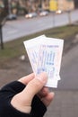 Belarus, Minsk - 04 january, 2023: Two Tickets in hand