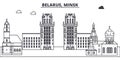 Belarus, Minsk line skyline vector illustration. Belarus, Minsk linear cityscape with famous landmarks, city sights