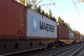 Cargo containers MAERSK SHIPPING on freight train by railway. Coronavirus wreaks havoc on global
