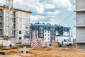 Belarus, Minsk - May 28, 2020: Construction site with building industrial materials and new buildings under construction exterior