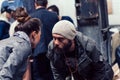 Belarus, Minsk, may 17, 2015, Oktyabrskaya street, biker festival. couple of bikers arguing on a city street