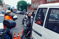 Belarus, Minsk, may 17, 2015, Oktyabrskaya street, biker festival. group of bikers in the city Parking lot.