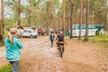 Belarus, Minsk Region - June 29, 2019: Camp in the forest with tourists outdoor, travel and leisure, camping lifestyle