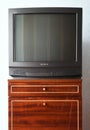 Belarus, Minsk - 04.05.2020:Vintage Television on wooden antique closet, old design in a home. Sony trinitron kv-21m3