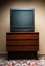 Belarus, Minsk - 01.02.2021:Vintage Television on wooden antique closet, old design in a home. Sony trinitron kv-21m3