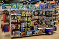 BELARUS, Mogilev - March 17, 2023. Showcase of children's toys in the store. Department of bright toys for children.