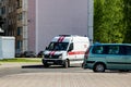 BELARUS, NOVOPOLOTSK - MAY 28, 2020: Ambulance on the road