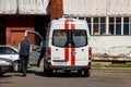 BELARUS, NOVOPOLOTSK - MAY 28, 2020: Back door of ambulance