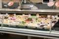 BELARUS, NOVOPOLOTSK - OKTOBER 11, 2019: Choice of salads in refrigerator in store