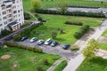 BELARUS, NOVOPOLOTSK - SEPTEMBER 10, 2020: View from height of parking lot in yard