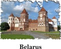 Belarus old castle and city name Mir Belarussian historical architecture vector illustration for print on souvenir and magnets