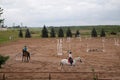 Belarus, Polochany - July 24, 2022: equestrian sports complex, riding girl training horse in equestrian center Royalty Free Stock Photo