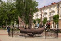 BELARUS, POLOTSK - 25 MAY, 2021: Metal statue ship Polotsk