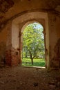 A fragment of a brick wall with a doorway.