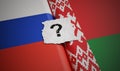 Belarus and Russia flags with questionmark. 3D rendered illustration.