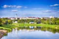 Belarus Travel Destinations. Cityscape of Mogilev City At Daytime Across the Dubrovenka and Dnieper River With City Hall in Royalty Free Stock Photo