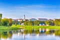 Belarus Travel Destinations. Cityscape of Mogilev City At Daytime Across the Dubrovenka and Dnieper River With City Hall Royalty Free Stock Photo