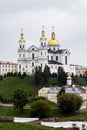 BELARUS, VITEBSK - SEPTEMBER 10, 2020: Holy Dormition Cathedral on river bank