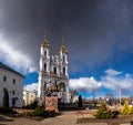 Belarus, Vitebsk. View of the with Resurrection church, and beautiful equestrian statue in Vitebsk, with dramatic sky