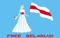 Belarusian girl stands for the freedom of Belarus. Belarusian white-red-white flag. FREE BELARUS.