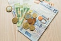 Belarusian rubles and coins on a colored background Royalty Free Stock Photo
