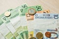 Belarusian rubles and coins on a colored background Royalty Free Stock Photo