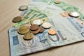 Belarusian rubles and coins on a colored background Royalty Free Stock Photo