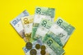 Belarusian rubles and coins on a colored background