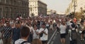 MINSK, BELARUS - AUGUST 16, 2020: Peaceful Protesters With Posters And Flags Move Along Street City. Belarusians Took