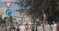 MINSK, BELARUS - AUGUST 16, 2020: Peaceful Protesters With Posters And Flags Move Along Street City. Belarusians Took