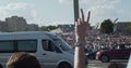 MINSK, BELARUS - AUGUST 16, 2020: Peaceful Protesters With Posters And Flags Move Along Street City. Belarusians Took