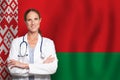 Belarussian general practitioner doctor gp on the flag of Belarus