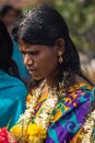 Closeup of woman at Pilgrim farewell ceremony, Belathur Karnataka India.