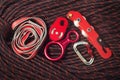 Belay devices lying on climbing rope Royalty Free Stock Photo