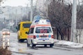 Belaya Tserkov, Ukraine, December 29, 2018: Ambulance car in the city motion blur