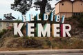 Beldibi, Turkey - May 9, 2022: Welcome roadsign at Beldibi, a little resort village in Kemer municipality, Antalya region