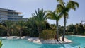 Belek, Turkey - May 2021: Hut on a tropical island. Cottage with pool in the jungle. Close-up. Tropical plants around the cottage Royalty Free Stock Photo