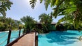 Belek, Turkey - May 2021: Hut on a tropical island. Cottage with pool in the jungle. Close-up. Tropical plants around the cottage Royalty Free Stock Photo