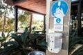 Belek, Turkey - October 2020: Sanitizer device at a hotel. Safety measures and warning in all-inclusive hotel to prevent