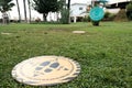 Belek, Turkey - October 2020: Social distancing in all-inclusive hotel in Antalya. Archery field with warning sign on grass for